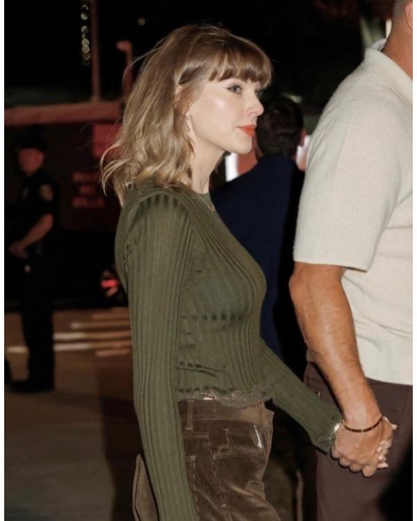 Taylor Swift Olive Green Lace Trim Ribbed Top - side view