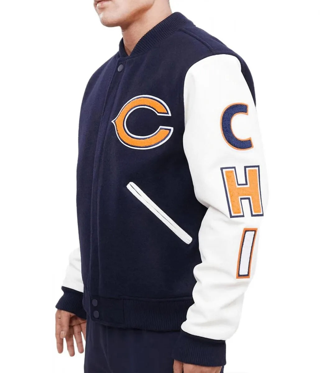 Chicago Bears Letterman Navy Blue and White Jacket - side view