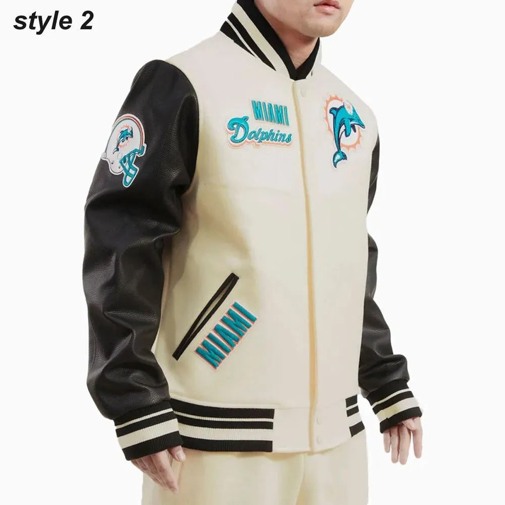 Cream Miami Dolphins Retro Classic Varsity Jacket - alternate view