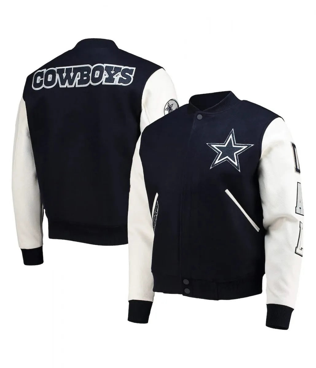 Dallas Cowboys White and Navy Varsity Jacket - side view