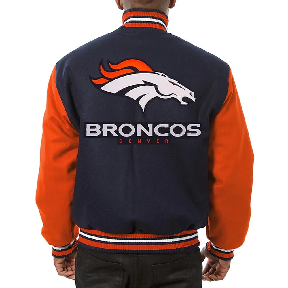 Denver Broncos Blue and Orange Varsity Orange Wool Jacket - back view