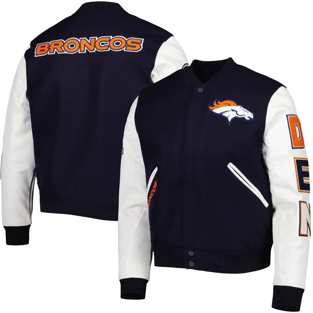 Denver Broncos Navy and White Varsity Jacket - side view