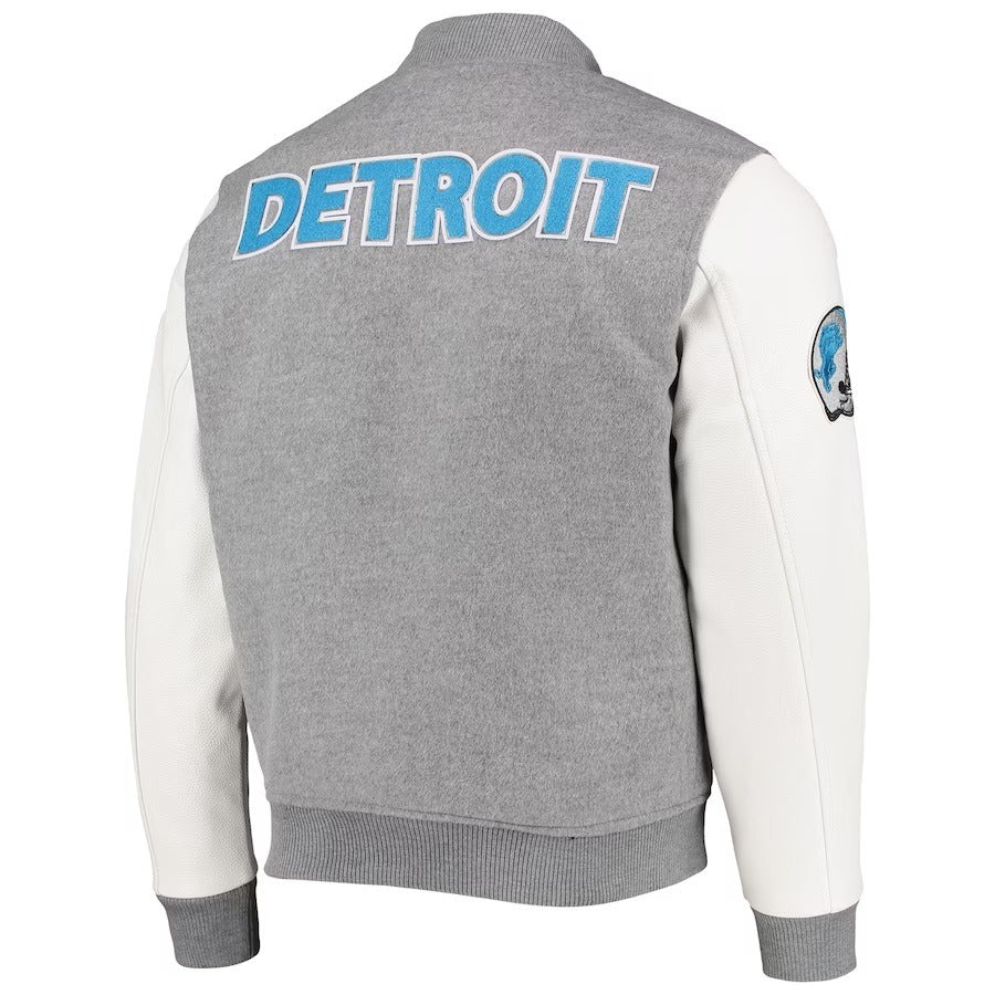 Detroit Lions Grey And White Varsity Jacket - back view
