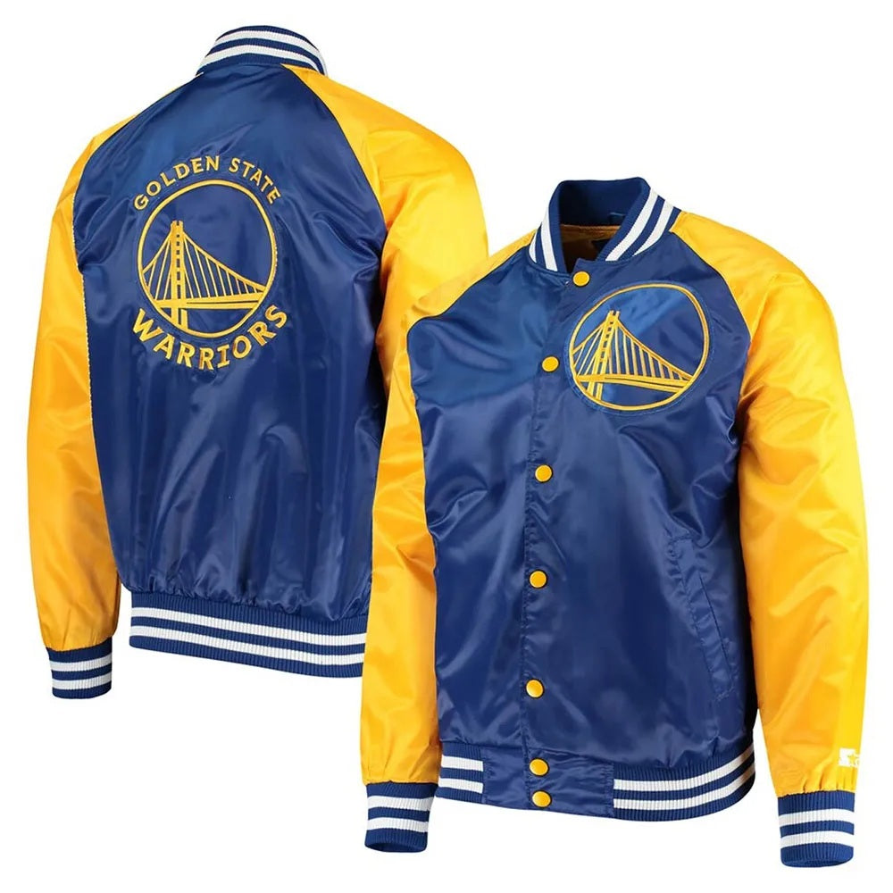Golden State Warriors Blue and Yellow Satin Varsity Jacket - side view