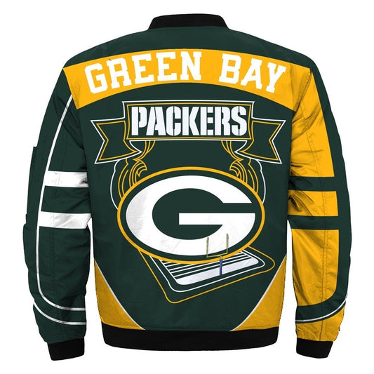 Green Bay Packers Yellow and Green Bomber Jacket - back view