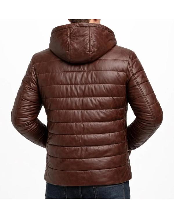 Men’s Brown Leather Hooded Quilted Puffer Jacket