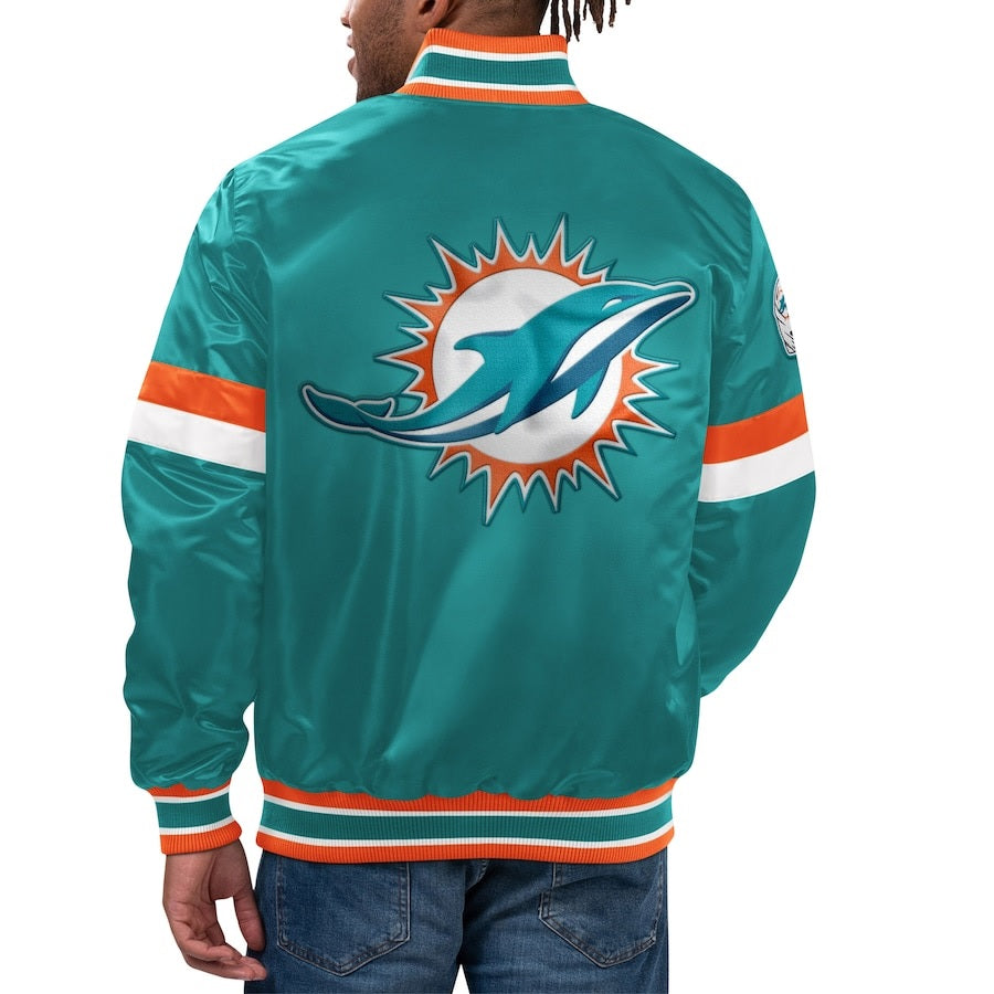 Men's Starter Aqua Miami Dolphins Home Game Satin Jacket - back view