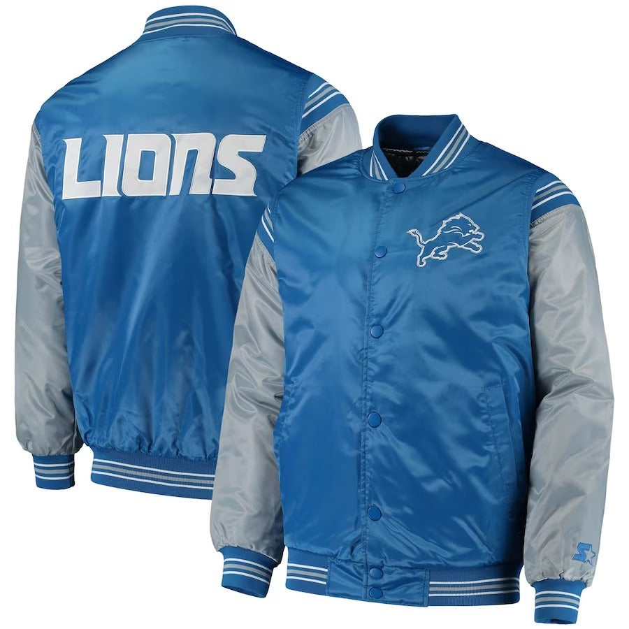 Men's Starter Detroit Lions Enforcer Satin Varsity Full-snap Jacket - side view