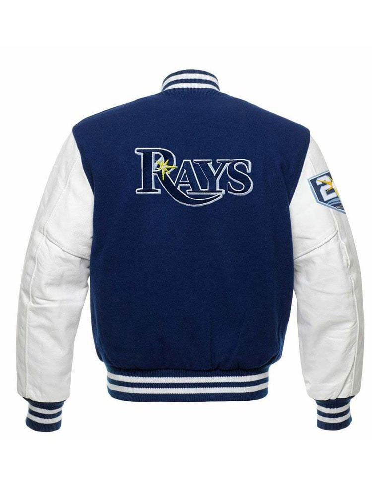 Men's TB Rays Blue and White Letterman Jacket - back view