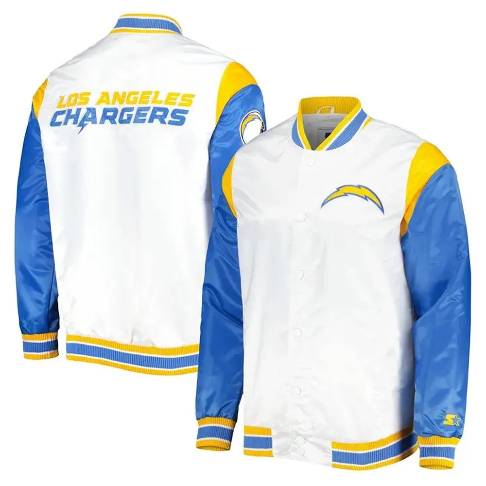 LA Chargers Throwback Pitch Satin Blue And White Jacket USA Jackets