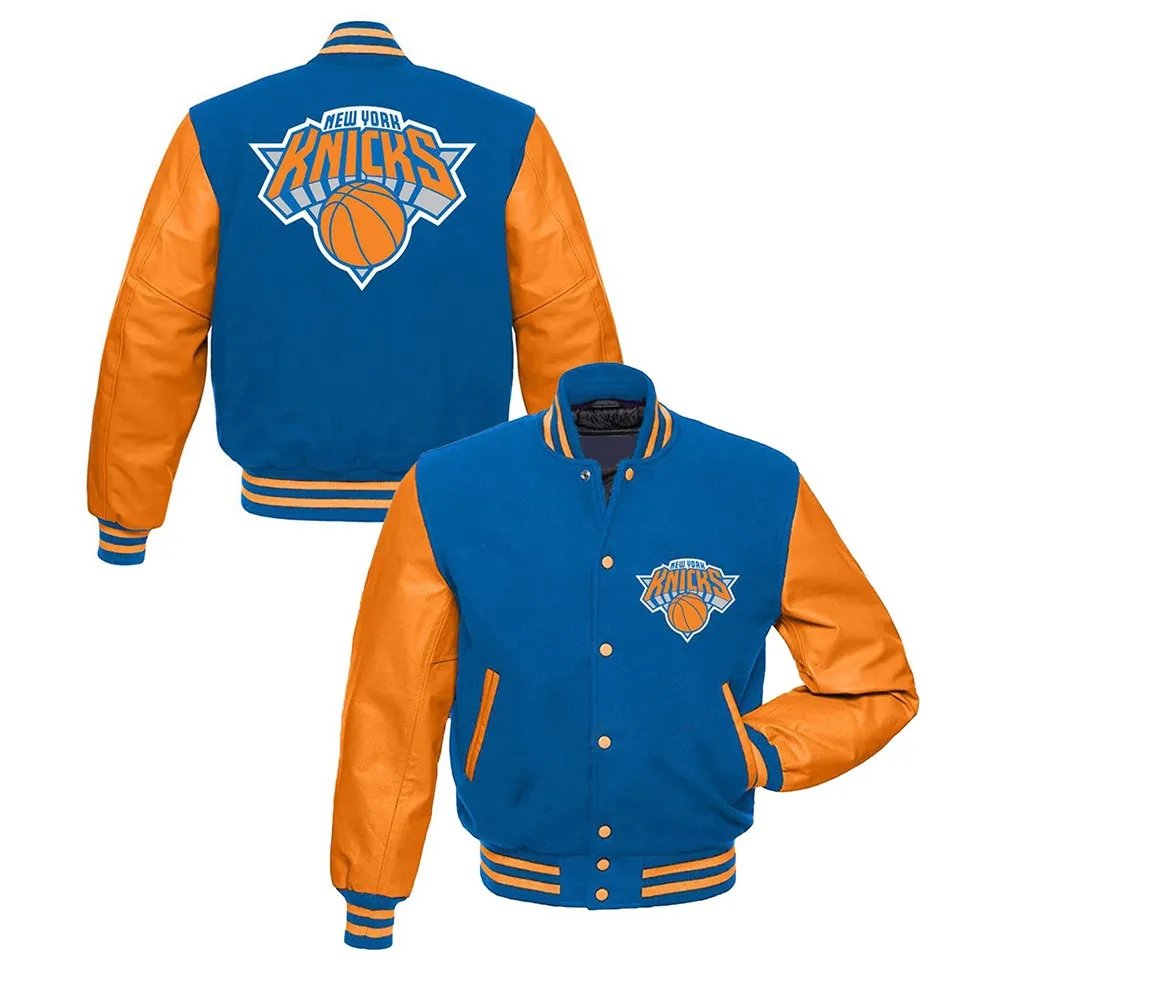 NY Knicks Varsity Satin Orange and Blue Jacket - side view