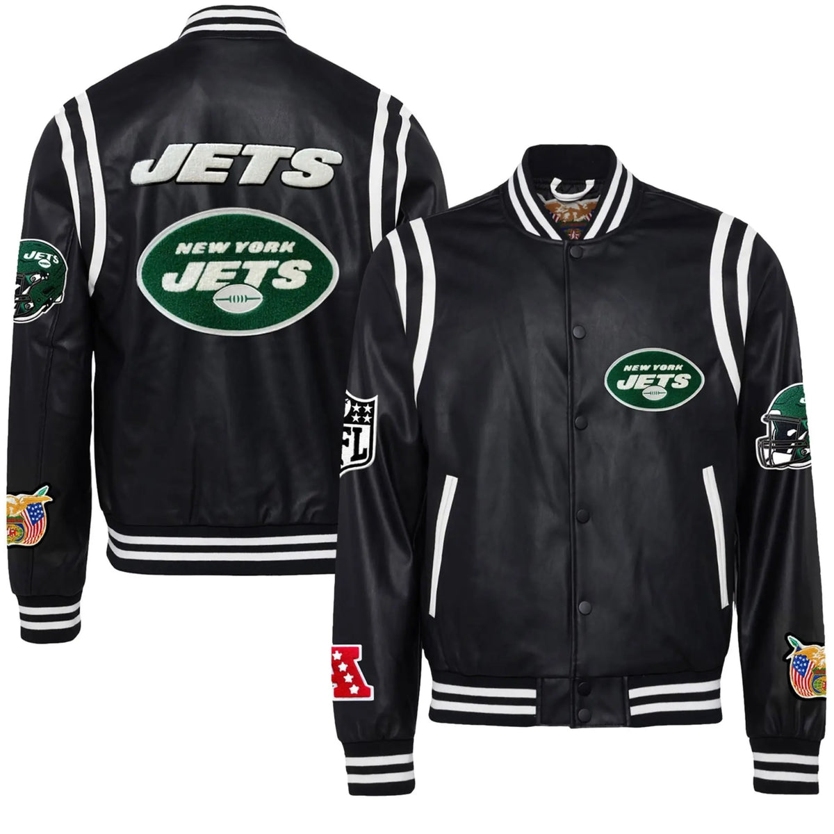 New York Jets Jeff Hamilton Leather Varsity Jacket - side view