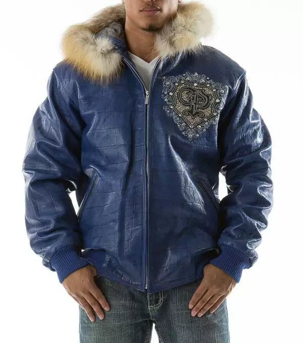 Pelle Pelle Blue PP Crest Fur Hood Leather Jacket - back view