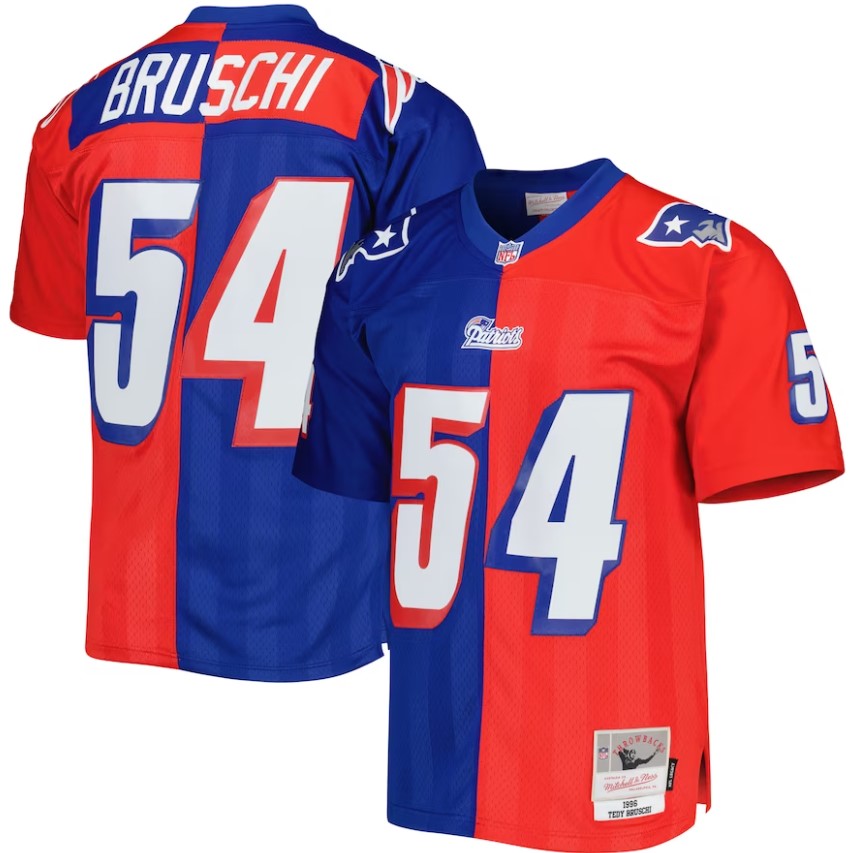New England Patriots Tedy Bruschi Royal/Red 1996 Split Legacy Jersey WorthVee