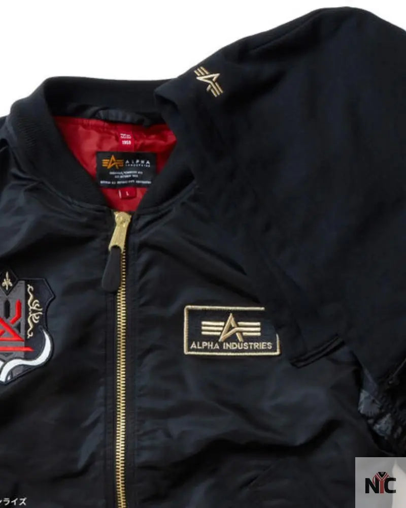 STRICT-G x ALPHA Mobile Suit Gundam SEED FREEDOM Black MA-1 Jacket Clanton Jacket