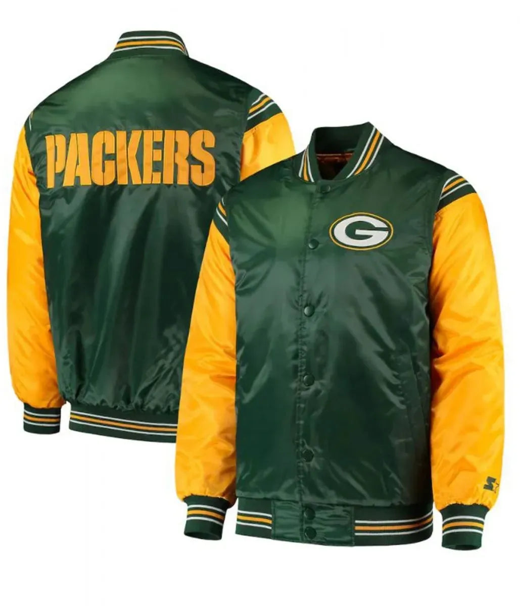 Starter Green Bay Packers Yellow and Green Satin Jacket