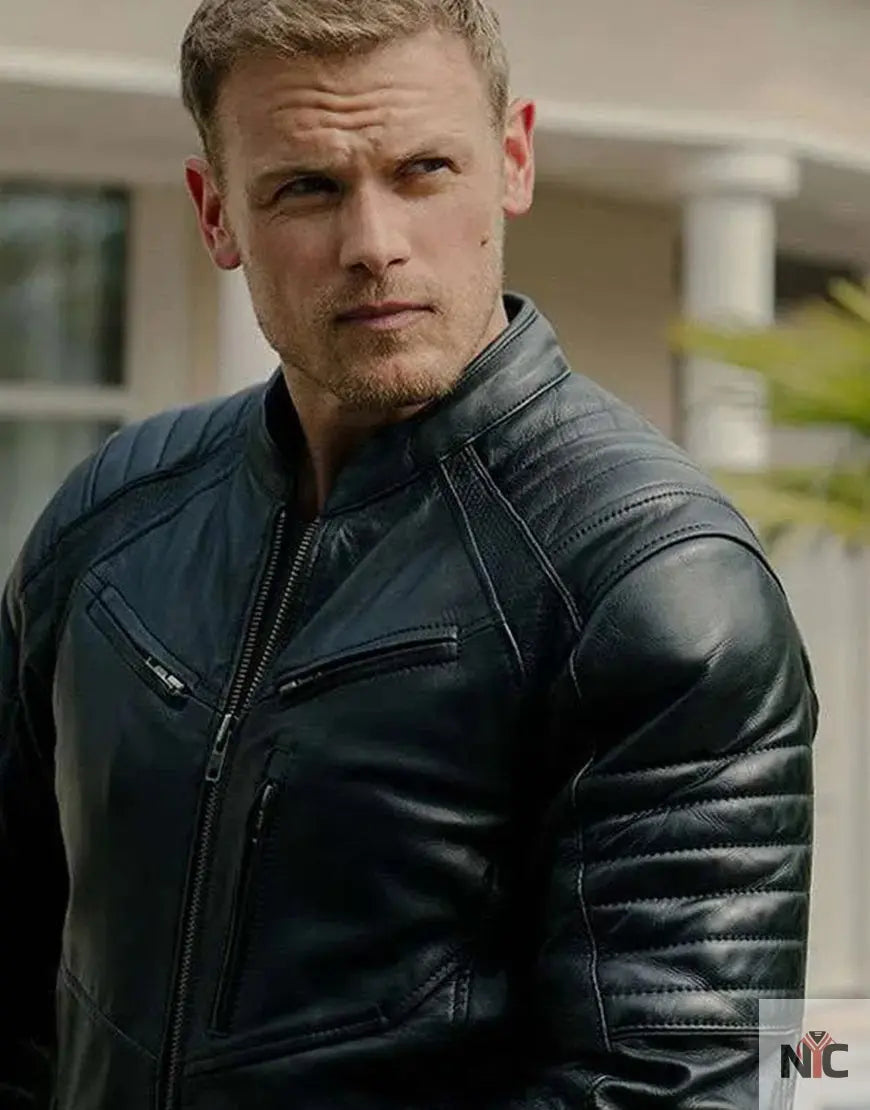 The Couple Next Door 2023 Sam Heughan Black Leather Jacket Clanton Jacket