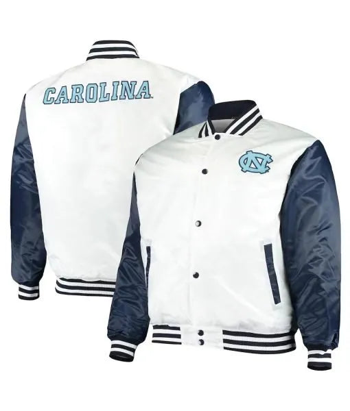North Carolina Tar Heels White and Navy Varsity Satin Jacket