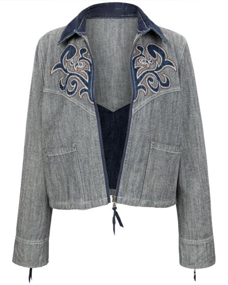 Brynn Godenir Heartland Season 20 Blue Printed Cotton Jacket - side view