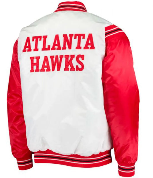 Atlanta Hawks Bomber Red and White Satin Jacket - back view