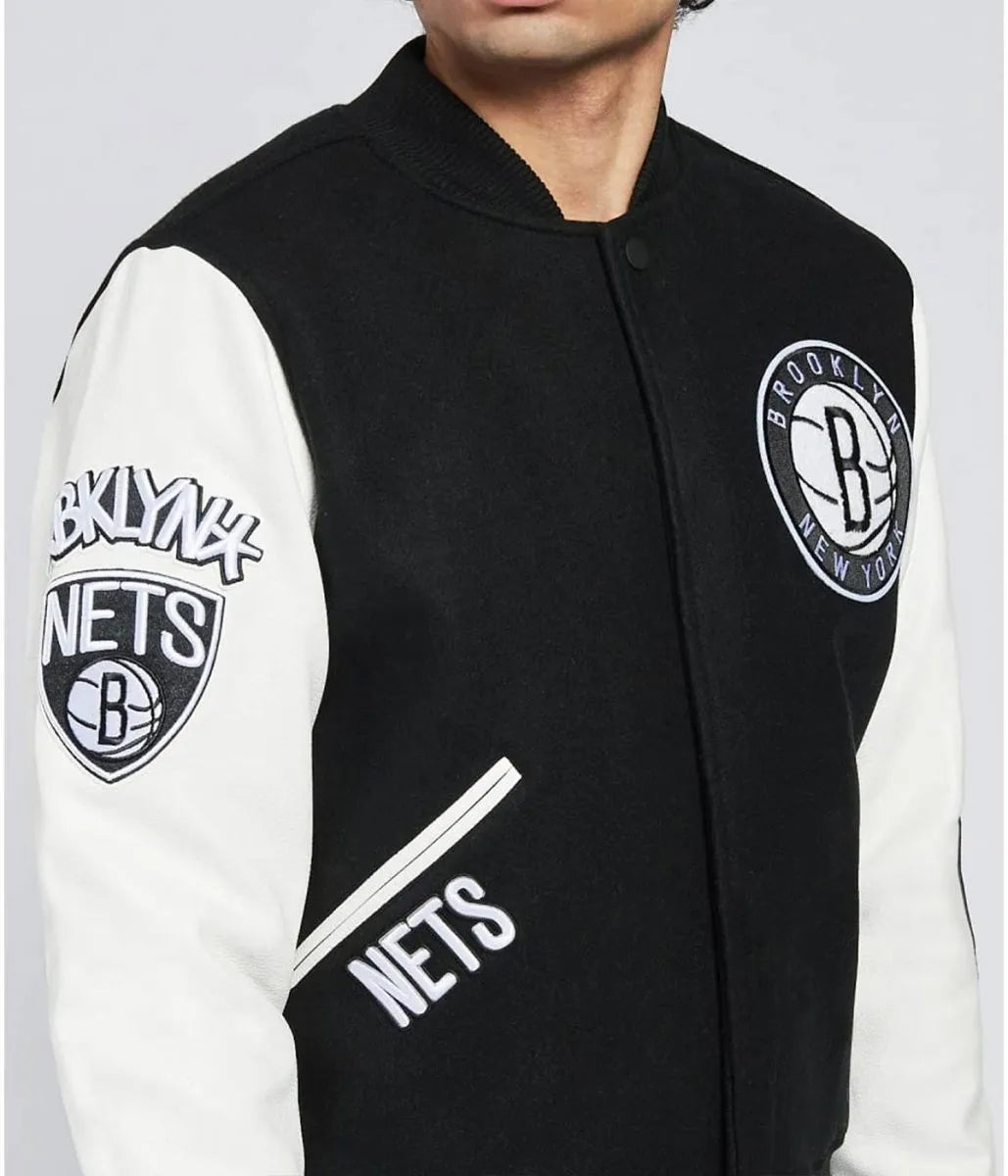 Brooklyn Nets Logo Black and White Letterman Jacket - side view