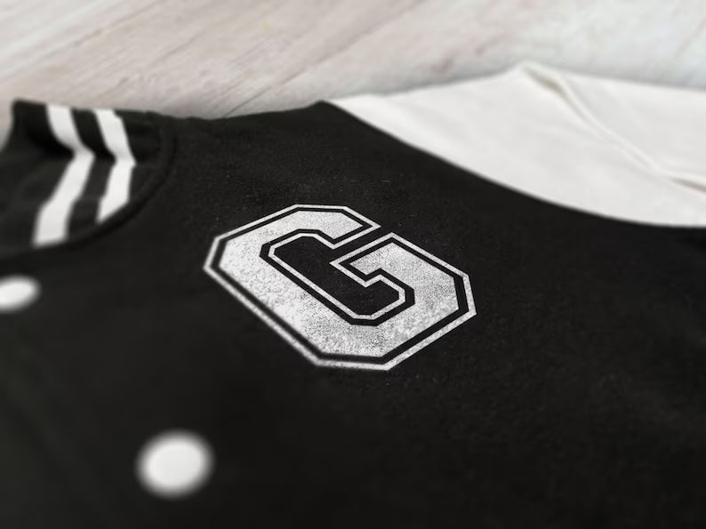 White and Navy Blue Letterman G Jacket - back view
