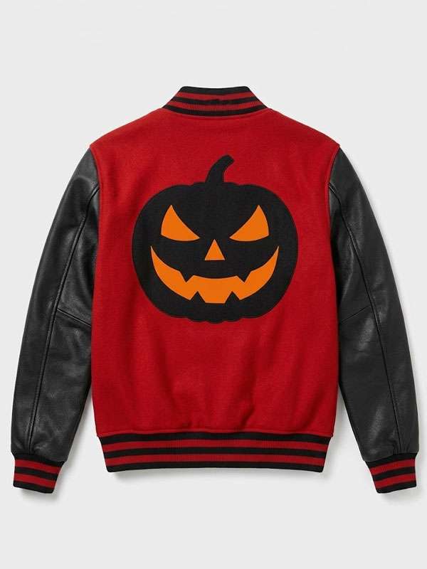 Halloween Red and Black Pumpkin Varsity Jacket - back view