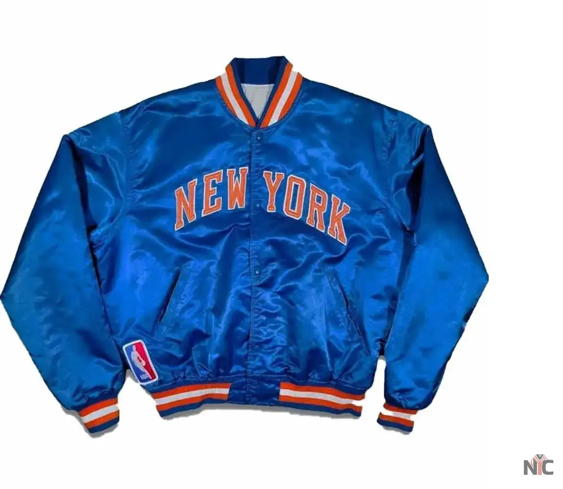 90s New York Knicks Bomber Blue Satin Jacket Clanton Jacket