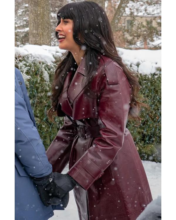A Merry Little Ex-Mas 2025 Jameela Jamil Burgundy Leather Coat