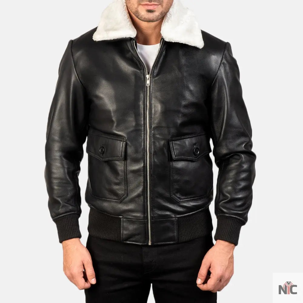 Airin G-1 Black & White Leather Bomber Jacket Clanton Jacket
