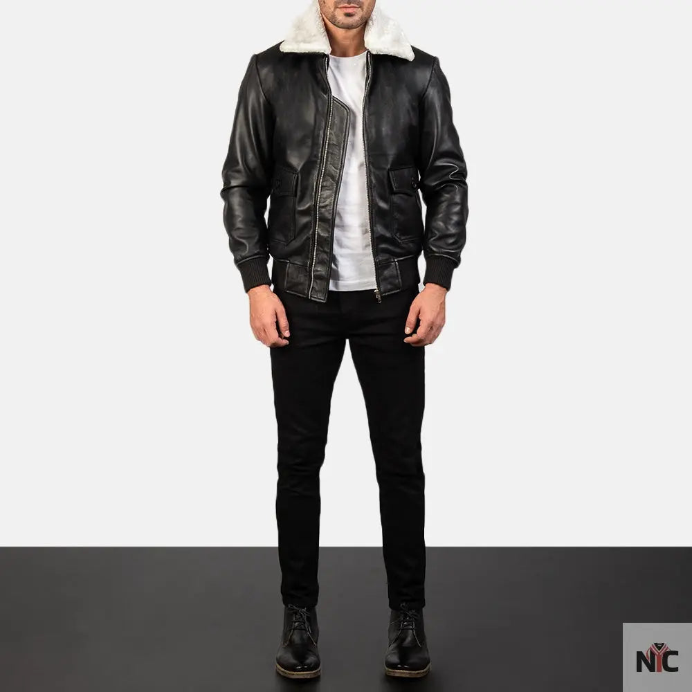 Airin G-1 Black & White Leather Bomber Jacket Clanton Jacket