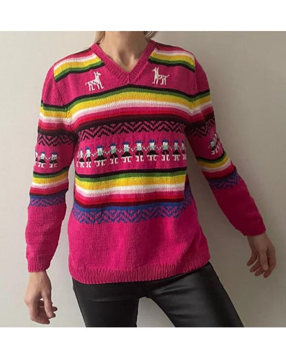 Princess Diana Pink Llama V-Neck Sweater - front view