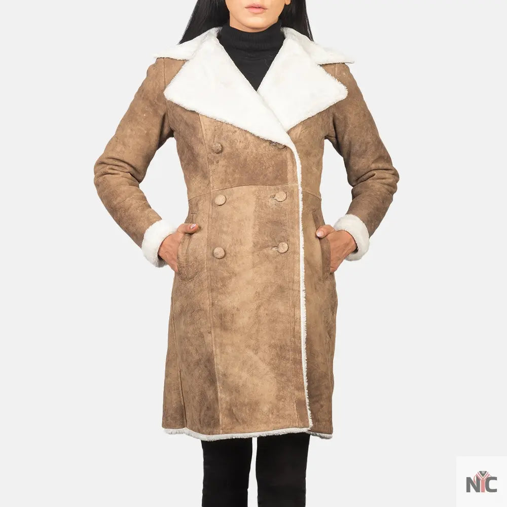 Amie Distressed Brown Double Breasted Shearling Coat Clanton Jacket