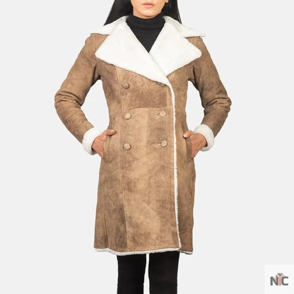 Amie Distressed Brown Double Breasted Shearling Coat Clanton Jacket