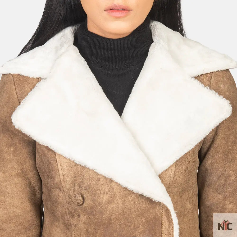 Amie Distressed Brown Double Breasted Shearling Coat Clanton Jacket