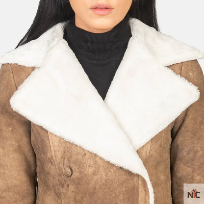 Amie Distressed Brown Double Breasted Shearling Coat Clanton Jacket