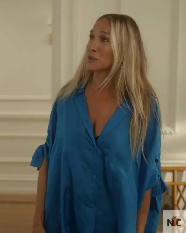 And Just Like That Sarah Jessica Parker Blue Shirt Dresses Clanton Jacket