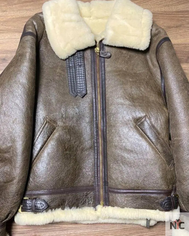 Avirex B-3 Mouton Brown Leather Flight Bomber Jacket Clanton Jacket