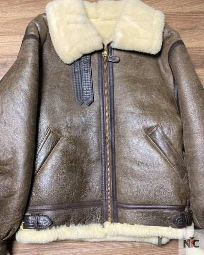 Avirex B-3 Mouton Brown Leather Flight Bomber Jacket Clanton Jacket