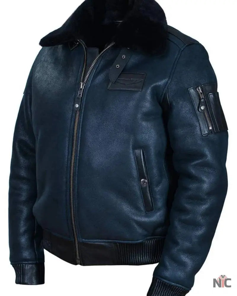 B-15 Fast Eagle Sheepskin Navy Blue Flight Jacket Clanton Jacket