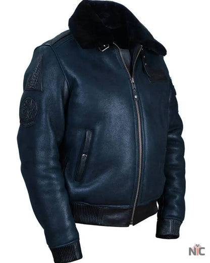 B-15 Fast Eagle Sheepskin Navy Blue Flight Jacket Clanton Jacket