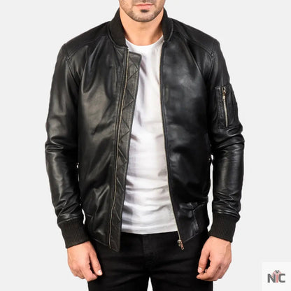Bomia Ma-1 Black Leather Bomber Jacket Clanton Jacket
