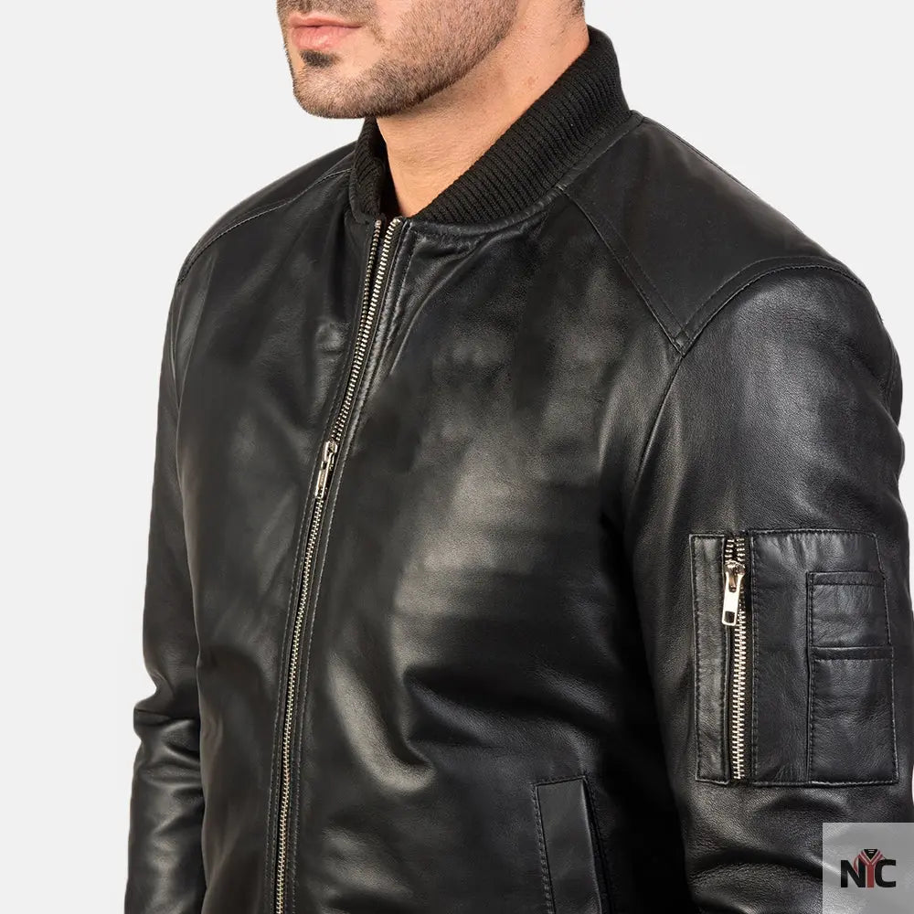 Bomia Ma-1 Black Leather Bomber Jacket Clanton Jacket