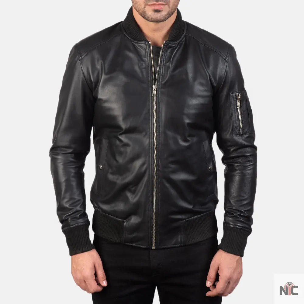 Bomia Ma-1 Black Leather Bomber Jacket Clanton Jacket