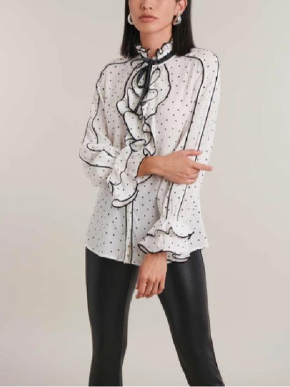 Carrie Preston Elsbeth S4 White Polka Dot Ruffle Shirt - view 3
