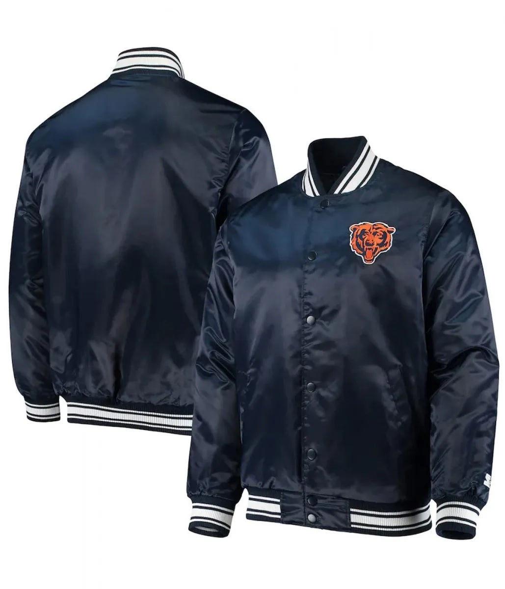 Chicago Bears Locker Room Bomber Blue Satin Jacket - detail view