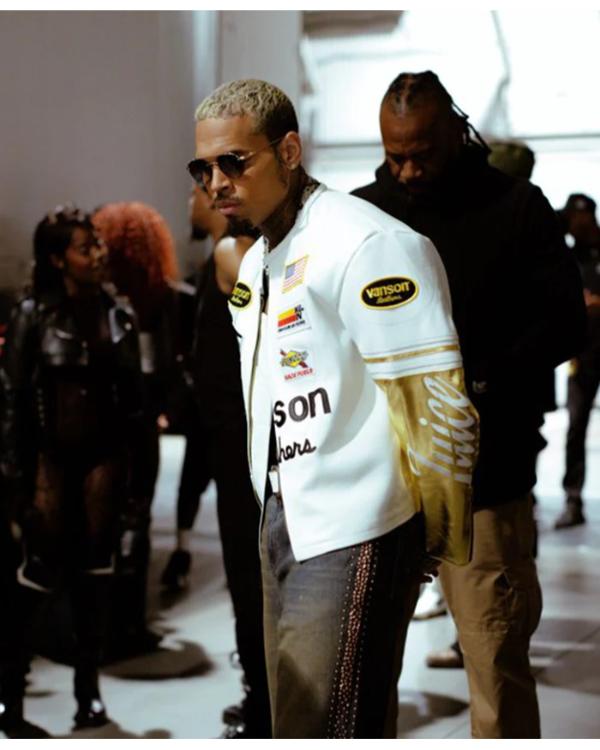 Chris Brown The R&B Tour Black Leather Racing Jacket - front view