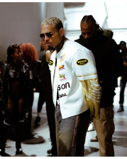 Chris Brown The R&B Tour Black Leather Racing Jacket - front view