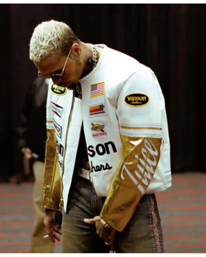 Chris Brown The R&B Tour Black Leather Racing Jacket - back view