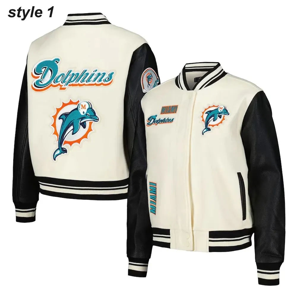Cream Miami Dolphins Retro Classic Varsity Jacket - detail view